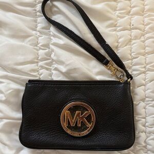 Michael Kors Black Leather Wristlet with Gold MK Emblem